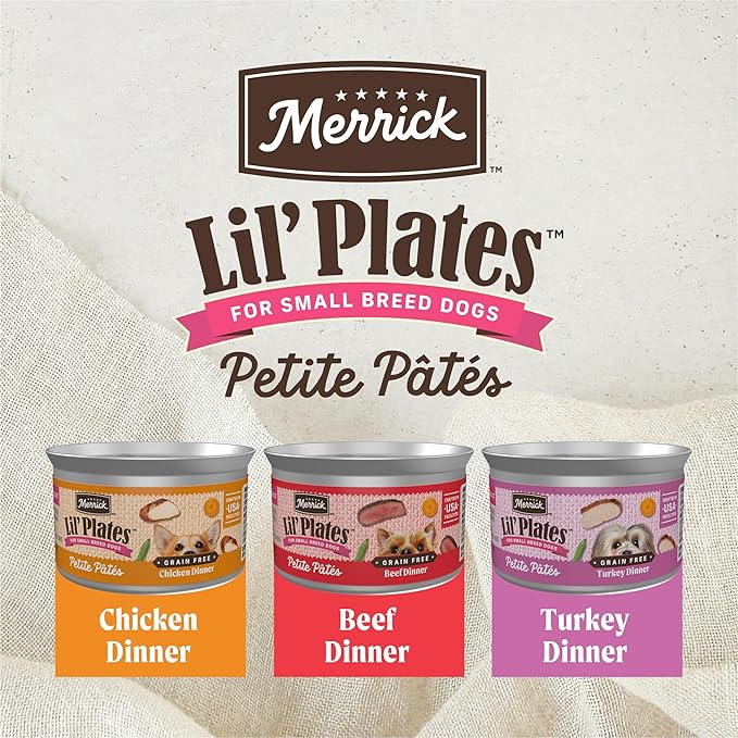 Merrick Lil’ Plates Petite Pates Premium Grain Free Wet Dog Food Variety Pack, Natural Beef, Chicken, Turkey - (Pack of 12) 3 oz. Cans