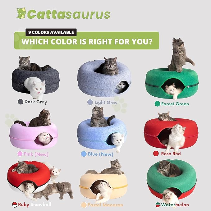 Cattasaurus Peekaboo Cat Cave Donut for Multiple & Large Cats up to 30-45 lbs, 3-in-1 Self Warming Cat Bed, Tunnel & Scratcher for Indoor Cats, Washable & Detachable Dog Bed (Pastel Macaron, Large)