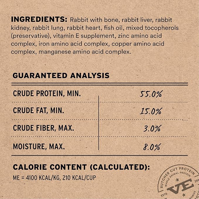 Vital Essentials Freeze Dried Cat Food, Raw Rabbit Crunchy Mini Nibs | Complete Meal or Topper | 96% Rabbit, Organs & Bone | Limited Ingredient, High Protein, Grain Free Dry Cat Food | 8 oz Bag
