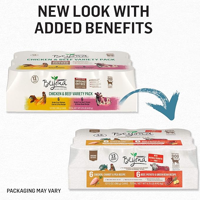 Purina Beyond Chicken, Beef and Cod Ground Entree Grain Free Wet Dog Food Variety Pack - 13 oz. Cans, (Pack of 24)