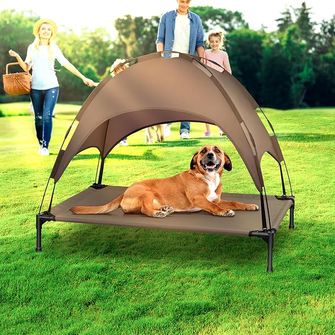 Heeyoo Elevated Dog Bed with Canopy, Portable Dog Cot with Removable Shade Tent, Outdoor Raised Pet Cot Cooling Bed for Dogs
