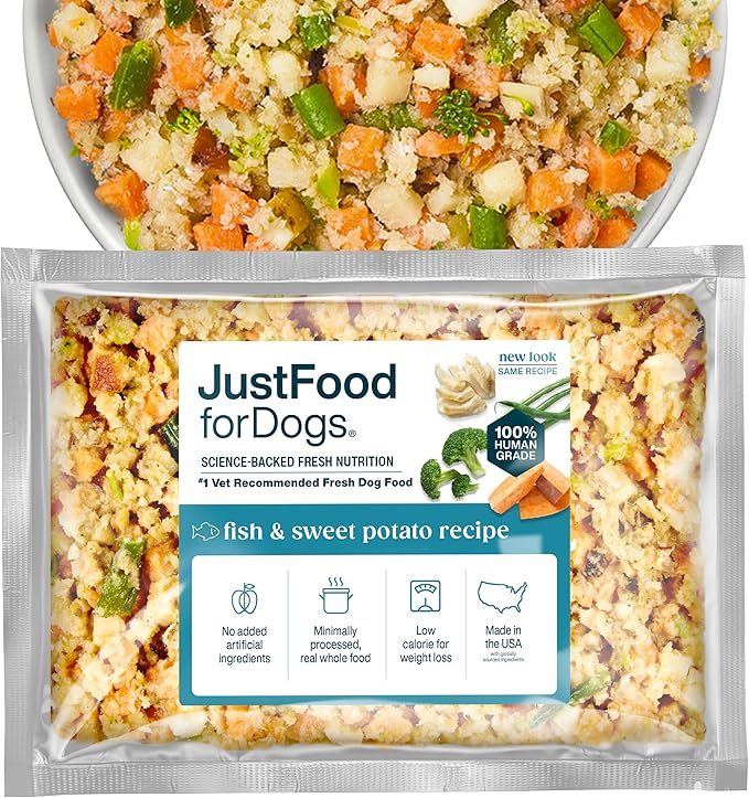 JustFoodForDogs Frozen Fresh Dog Food, Complete Meal or Topper, Fish & Sweet Potato Human Grade Dog Food Recipe, 18 oz (Pack of 14)