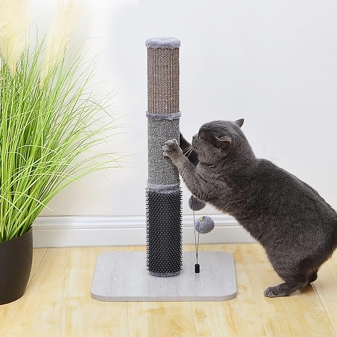PetPals 25" Tall Sisal Carpet Scratching Post with Self-Grooming Massager, 3 in 1 Cat Scratching Post with Full Body Self Cleaning Brush, for Kitten and Adult Cats, 2 Fluffy Toys, Grey