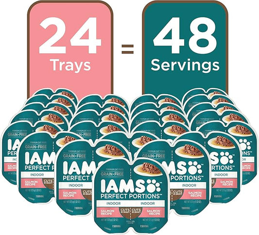 IAMS Perfect Portions Grain Free Wet Cat Food, Indoor Adult Cat Food Wet Cuts in Gravy, Salmon Recipe, (24) 2.6 oz. Twin-Pack Trays
