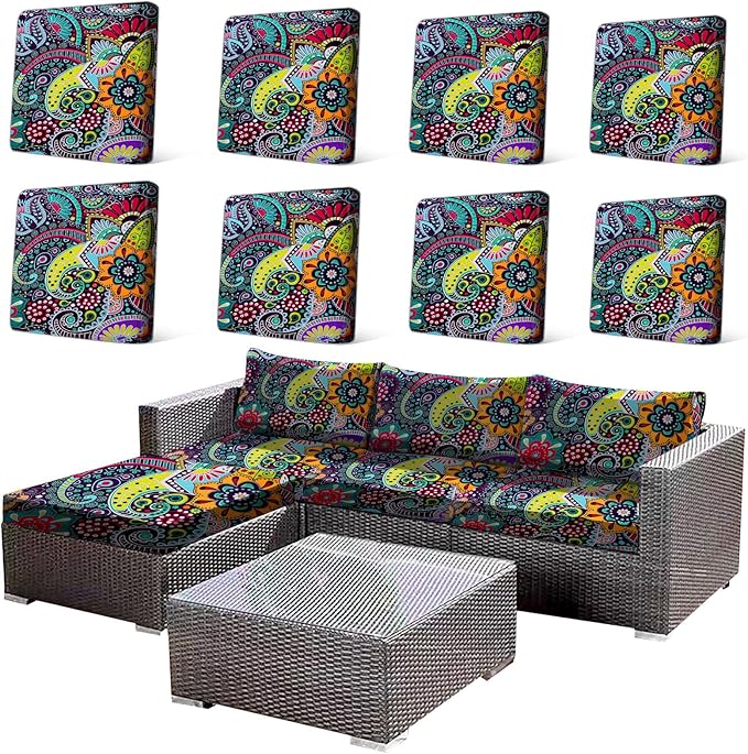 HANDONTIME 8Pcs Outdoor Patio Cushion Covers Boho Paisley Stretch Couch Cushion Cover Patio Couch Slipcover for Outdoor/Indoor Washable Non-Slip Furniture Protector for Pet (Blue Green,Cover Only)