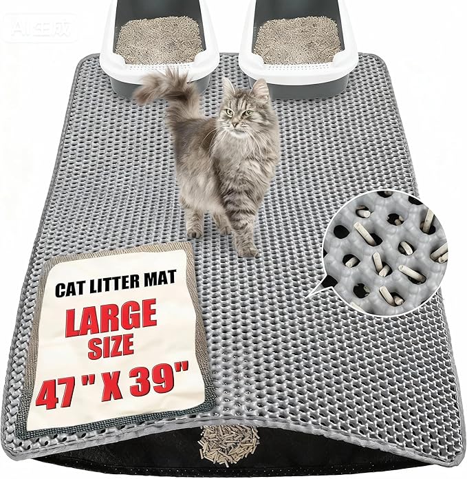 Cat Litter Mat XXL(47" x 39") - Large, Double-Layer, Non-Toxic, Easy Clean, Durable, Gray