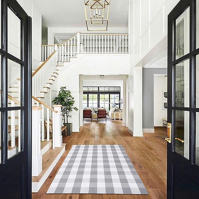 KOZYFLY Buffalo Plaid Area Rug 4 x 6 Ft Gray and White Checkered Rug Washable Outdoor Rugs Cotton Rugs for Bedroom Front Door Mat Carpet for Front Porch Living Room Dining Room Kitchen