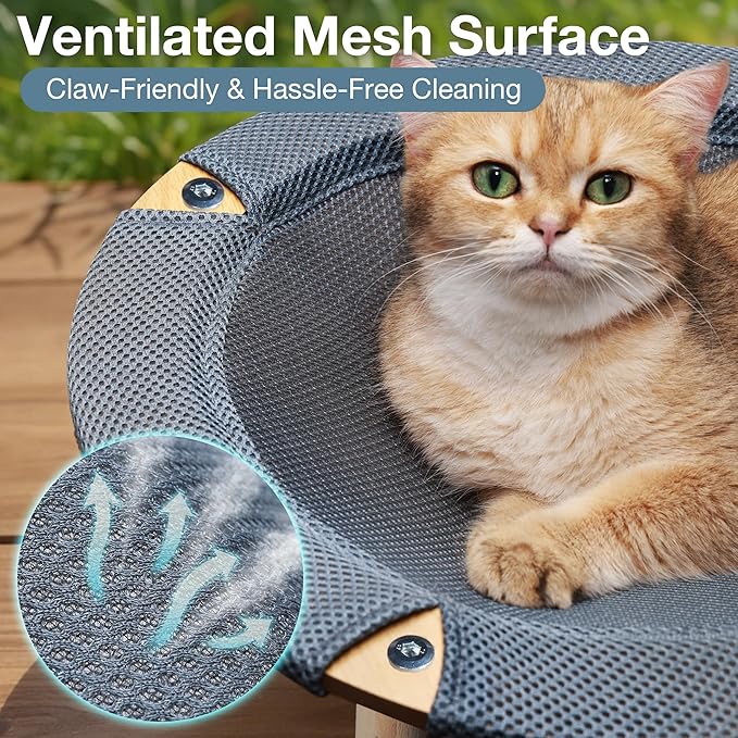Wooden Elevated Cat Bed Hammock Breathable Scratch-Resistant Fabric, Pet Bed Suitable for Cats, Small Dogs, Rabbits up to 33 lbs, Grey (Medium, Round-Type)
