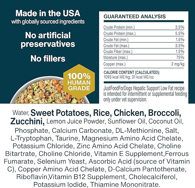 JustFoodForDogs Vet RX Pantry Fresh Prescription Dog Food, Human Grade, Vet Recommended Fresh Pet Meal or Topper, Limited Ingredient, Prescription Diet, Hepatic Support Low Protein, 12.5oz- 12 Pack