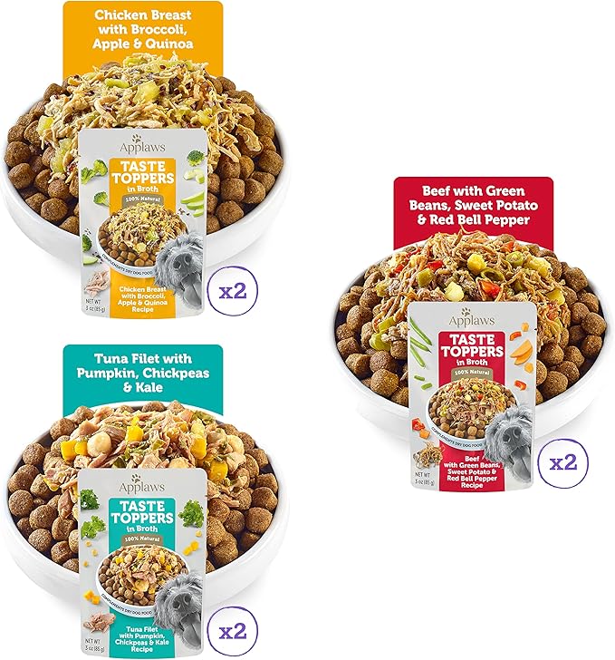 Applaws Taste Toppers, Grain-Free Dog Food Topper, Limited Ingredient, Variety Selection in Broth (6 x 3oz Pouches)