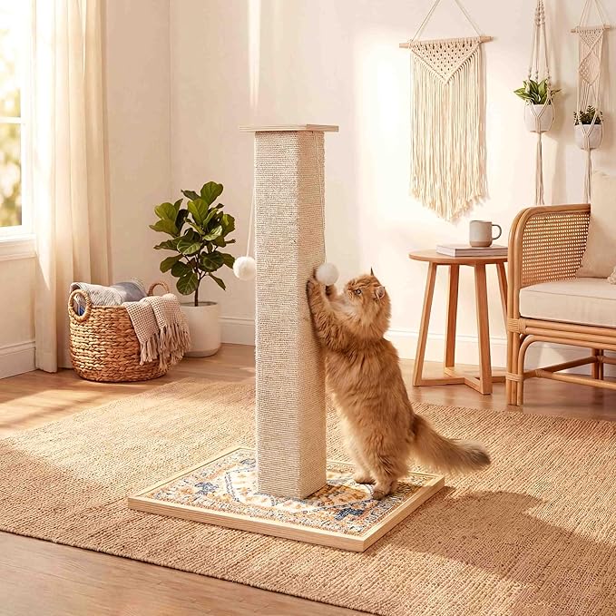 Tall Cat Scratching Post, 33" Boho Carpet Cat Scratcher with Perch for Indoor Cats, Large Base Sisal Scratch Post for Adults & Kittens with Dangling Ball Toy