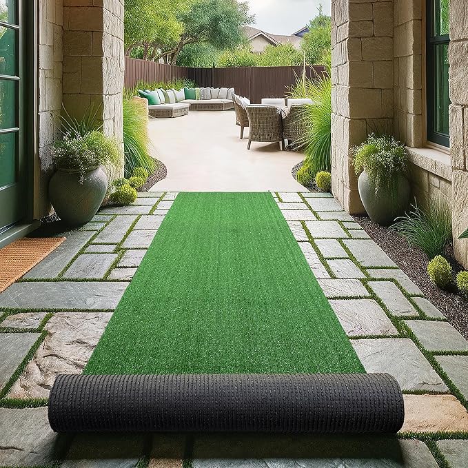 Sweet Home Stores Artificial Faux Grass Runner Rug 3x17 Indoor/Outdoor with Drainage Holes, Customizable Runner Rug for Backyard, Patio, Garage Rug, 2'7" x 17'