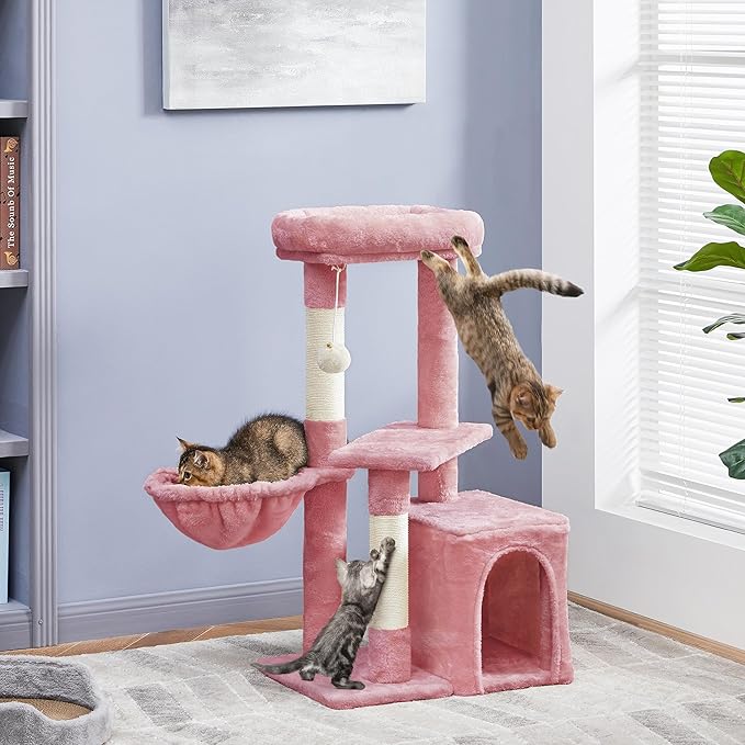 Yaheetech 34.5in Scratching Post, Cat Scratchers for Indoor Cats and Kittens, Multifunctional Activity Post w/Sisal Rope＆Dangling Ball＆Large Condo, Pink