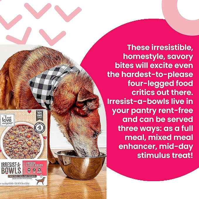 I and Love and You Irresist-A-Bowls Wet Dog Food, Chicken and Duck Recipe, Ready to Serve, Grain Free, Real Meat, No Fillers, 9 oz Pouches, Pack of 4 Pouches, (Package May Vary)