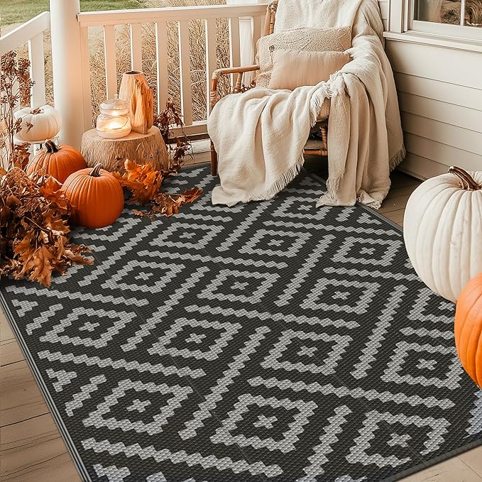 GENIMO Outdoor Rug 4x6 Waterproof, Reversible Mats, Outdoor Area Rug, Plastic Outside Carpet, Eeometric Rv Mat for Patio Camping Rv Picnic Backyard Deck Balcony Porch Beach (Black & Grey)