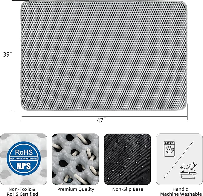 Cat Litter Mat XXL(47" x 39") - Large, Double-Layer, Non-Toxic, Easy Clean, Durable, Gray