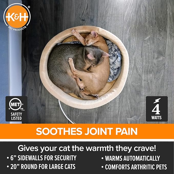 K&H Pet Products Thermo-Kitty Bed Heated Cat Beds for Large Indoor Cats & Dogs, Calming Warming Pillow Pet Bed, Machine Washable, Removable Heater, Safety Listed - Large 20" Round Mocha/Tan