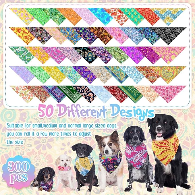 Kacctyen 300 Pcs Paisley Dog Bandana Bulk Colorful Triangle Bibs Pet Scarves for Small Medium Large Pets Western Cowboy Bandanas Accessories for Puppy Cat Grooming Costume Party