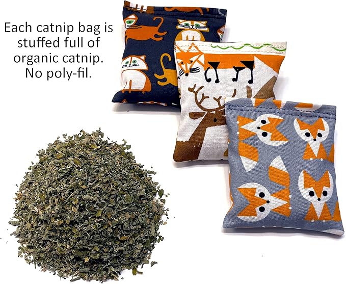 Organic Catnip Toys, Made with GOTS Certified Organic Fabric, Organic Catnip, Organic Thread, One package of 3 toys, Handmade in the USA