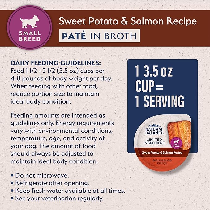 Natural Balance Limited Ingredient Small Breed Adult Wet Dog Food, Sweet Potato & Salmon Recipe for Sensitive Stomachs - 3.5oz Cups (Case of 12)