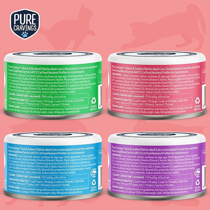 Pure Cravings Pate, Canned Wet Cat Food, 100% Mercury-Tested, Moist Can Fish, Grain-Free Protein, Non-GMO, Variety Pack of 12-3X Tuna/Salmon, 3X Tuna/Pumpkin, 3X Tuna/Sardine, 3X Salmon/Sardine