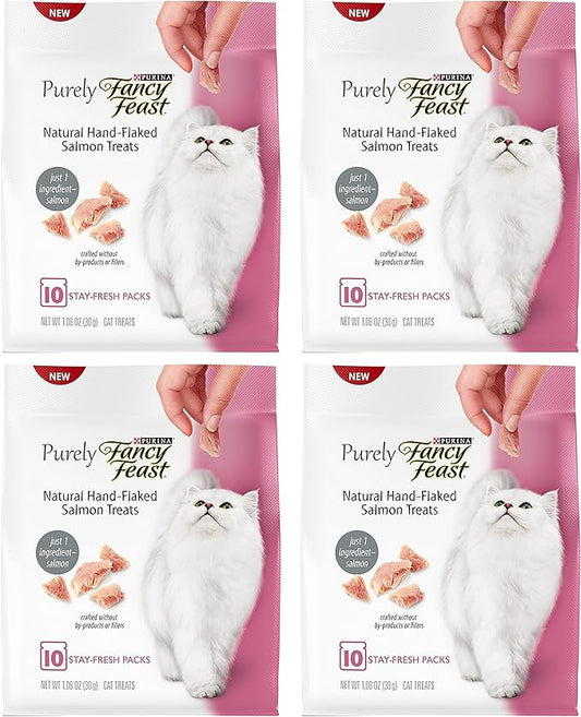 Fancy Feast Cat Treats - Natural Hand-Flaked Salmon - 40 Count Treats - Pack of 4 Pouches