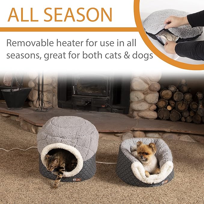 K&H Pet Products Heated Cat Bed for Large Cats Indoor, Thermo-Pet Nest 2-in-1 Heated Pet Cave Tent & Cuddler Warming Bed, Waterproof Heater, Machine Washable, Safety Listed - Small 18 X 15in Gray