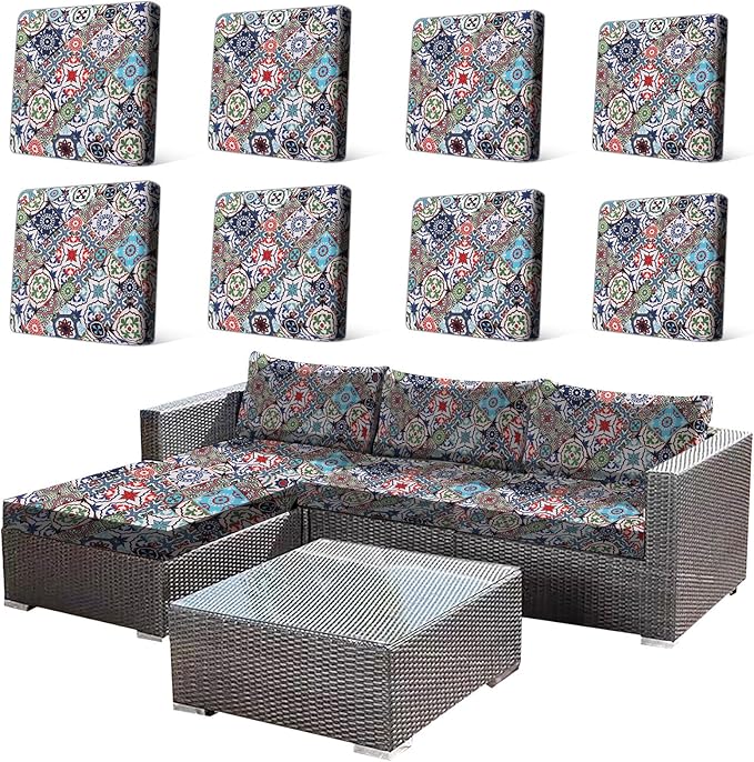 HANDONTIME 8Pcs Outdoor Patio Cushion Covers Boho Medallion Stretch Couch Cushion Cover Patio Couch Slipcover for Outdoor/Indoor Washable Non-Slip Furniture Protector for Pet (Boho,Cover Only)