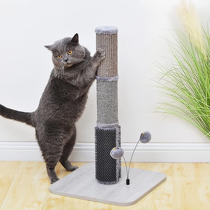 PetPals 25" Tall Sisal Carpet Scratching Post with Self-Grooming Massager, 3 in 1 Cat Scratching Post with Full Body Self Cleaning Brush, for Kitten and Adult Cats, 2 Fluffy Toys, Grey