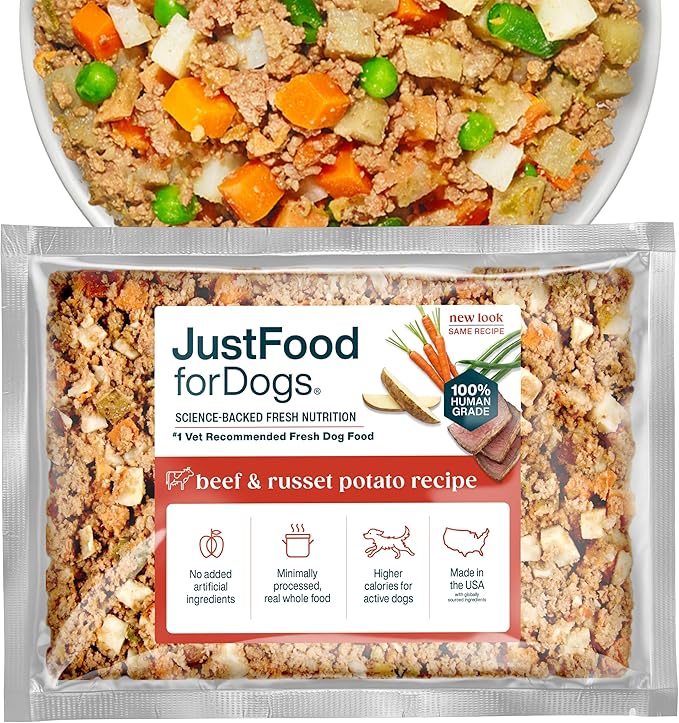 JustFoodForDogs Frozen Fresh Dog Food Toppers and Meals, Human Grade, Balanced Fresh Pet Meal or Topper, No Preservatives, Limited Ingredient Recipe, Beef & Russet Potato 5.5 oz - 18 Pack