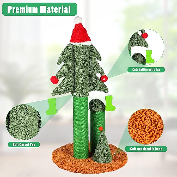 FluffyDream 32” Cat Scratching Post, Tall Christmas Tree Cat Scratcher with 3 Posts and Cute Dangling Teaser Balls, Natural Sisal Rope Cat Toys for Kitty and Adult Cats