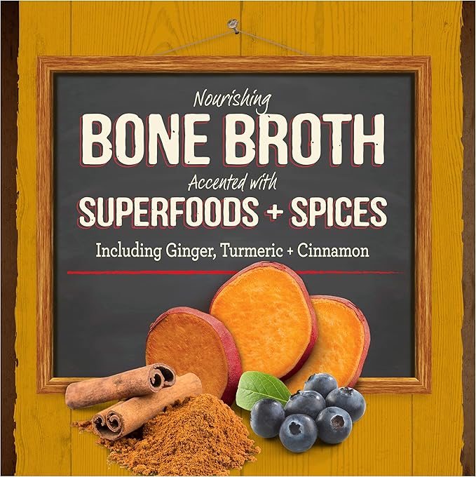 Merrick Grain Free Bone Broth Natural Meal Topper for Dogs, Accented with Superfoods & Cinnamon, for Adult Dogs of All Breeds (Chicken, 16 Ounce,Pack of 3)