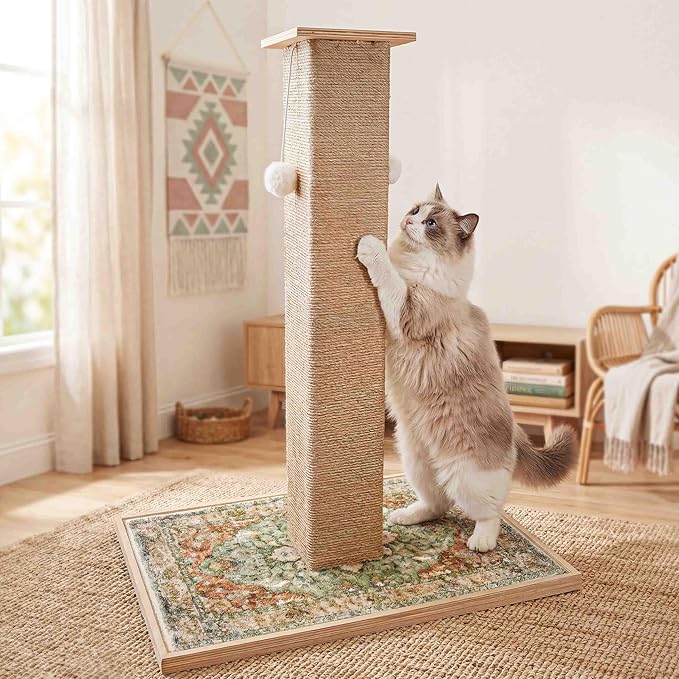 Tall Cat Scratching Post, 33" Boho Carpet Cat Scratcher with Perch for Indoor Cats, Large Base Sisal Scratch Post for Adults & Kittens with Dangling Ball Toy