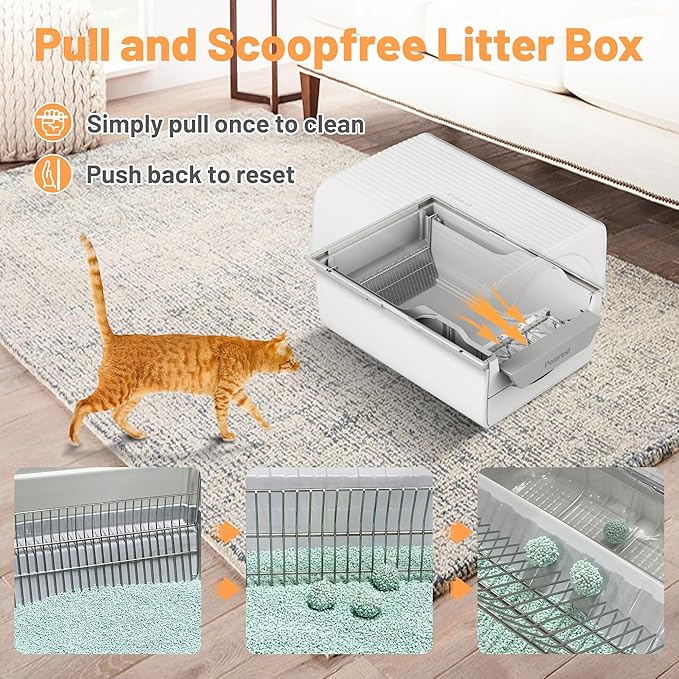 Large Self Cleaning Cat Litter Box for Multiple Cats, Semi Auto Kitty Litter Box with Lid, NoSmell Pull and Scoop Self Cleaning, White & Grey