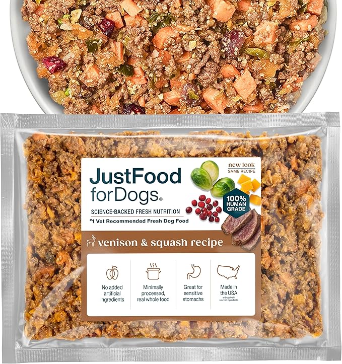 JustFoodForDogs Frozen Fresh Dog Food, Complete Meal or Dog Food Topper, Venison & Squash Human Grade Dog Food Recipe, 18 oz (Pack of 21)