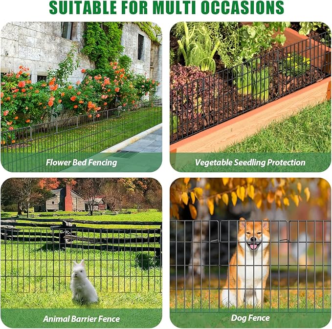 10 Pack Garden Fence Animal Barrier Fencing 1.44 inch Spacing Total 10.8ft (L) x 24in High Rustproof Metal Wire Yard Blocker Dog Fences Border for Outdoor Flower Bed Landscape Fencing Decor Black