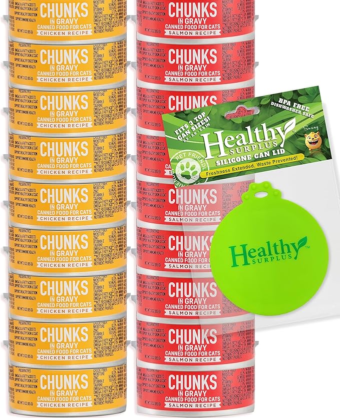 Healthy Surplus Chunks in Gravy Variety 18 Cans Wet Cat Food | Salmon & Chicken Recipes | Each Can Net Wt 3 OZ (85 G) Silicon Can Lid Bundle