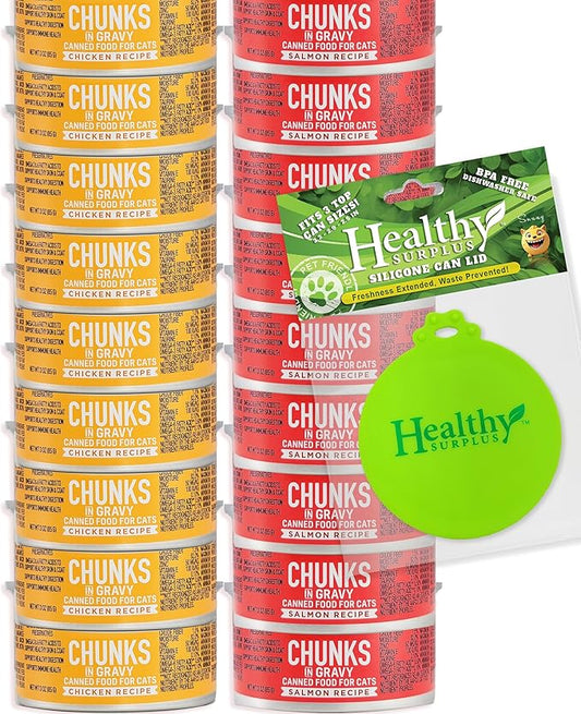 Healthy Surplus Chunks in Gravy Variety 18 Cans Wet Cat Food | Salmon & Chicken Recipes | Each Can Net Wt 3 OZ (85 G) Silicon Can Lid Bundle