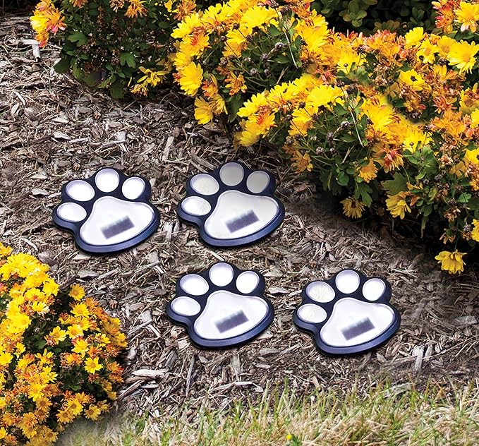 Wireless Set of 4 Solar Dog Paw Print Lights Garden Statue Lantern LED Path 3.75" Light Outdoor Animal Pet Lamp
