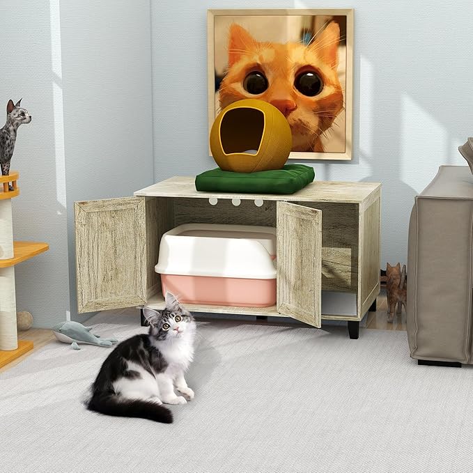 TaoHFE Hidden Cat Litter Box Enclosure Furniture with Cats Scratch Pad Farmhouse Enclosed Cat Litter Boxes Cabinet Furniture with Doors Wooden Indoor Cats Box House,Oak