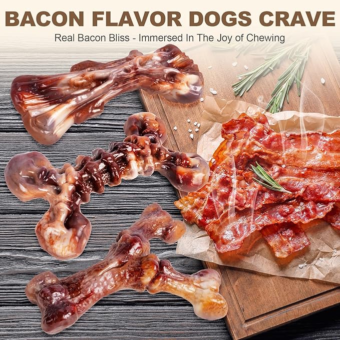 Dog Toys for Aggressive Chewers - 3 Pack Bacon Flavored Indestructible Dog Toy, Big Tough Chew Bone for Medium Large Breed 25-90lbs to Keep Them Busy, Happy Dog Gift (Brown)