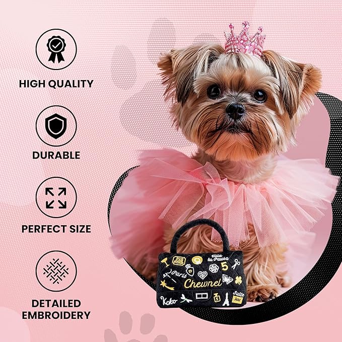 Dog Diggin Designs Chewnel Koko Paris Charme Plush Dog Toy Purse | Luxury-Inspired Parody Designer Handbag with Squeaker, Soft Plush Fashion Dog Toy – Haute Couture Purses & Handbags