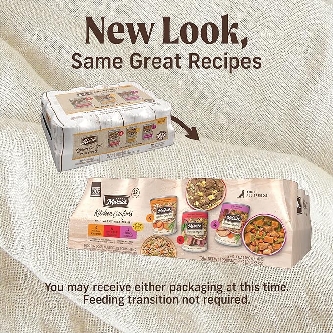 Merrick Kitchen Comforts Wet Dog Food Gravy, Variety Pack Real Meat and Brown Rice Dog Food with Grains - (Pack of 12) 9.5 lb. Cans