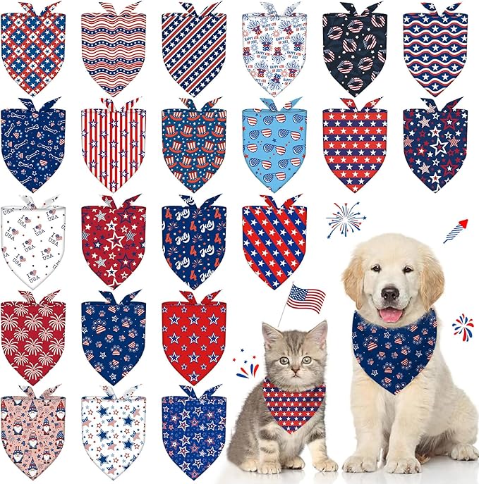 22Pcs 4th of July Dog Bandanas Bulk Independence Day Dog Bandana Adjustable Triangle Reversible Pet Accessories Patriotic American Flag Puppy Scarf for Small Medium Large Dogs Cats Memorial Day Supply