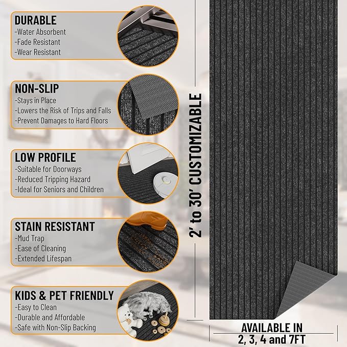 Ottomanson Ribbed Design Non-Slip Rubberback 2x5 Indoor/Outdoor Runner Rug for Hallway, Kitchen, Living Room, Garage, Patio, 2' x 5', Black (Pack of 2)