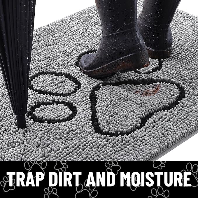 Smiry Dog Door Mat for Muddy Paws, Absorbent Dirt Trapper Non Slip Quick Dry Washable Chenille Mat for Mud Dogs, Entry Rug for Indoor and Outdoor (40x24 Inches, Grey and Black)