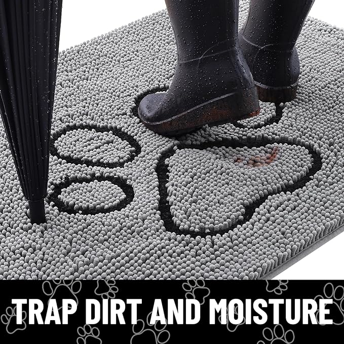 Smiry Dog Door Mat for Muddy Paws, Absorbent Dirt Trapper Non Slip Quick Dry Washable Chenille Mat for Mud Dogs, Entry Rug for Indoor and Outdoor (47x32 Inches, Grey and Black)