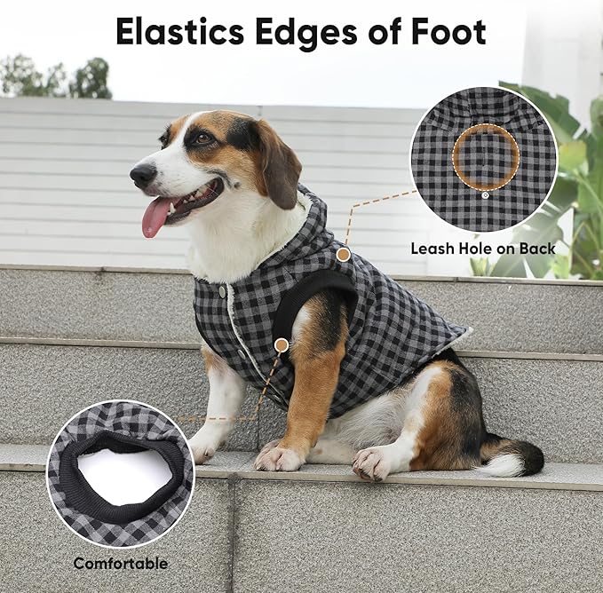 Fleece Lining Dog Hoodie for Medium Dogs Extra Warm Plaid Sweater with Drawstring Hooded Coats in Winter Doggie Jacket,Black L