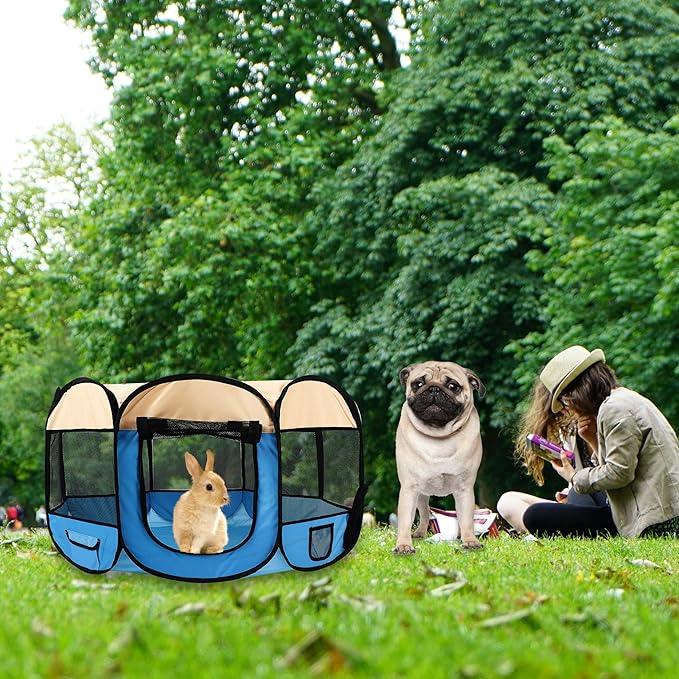 Pet Cat Playpen for Indoor Cats Enclosed,Puppy Small Dog Cat Tent Crates Cage,Portable Pet Dog Playpen,29x29x16,Blue/Beige,1Pack