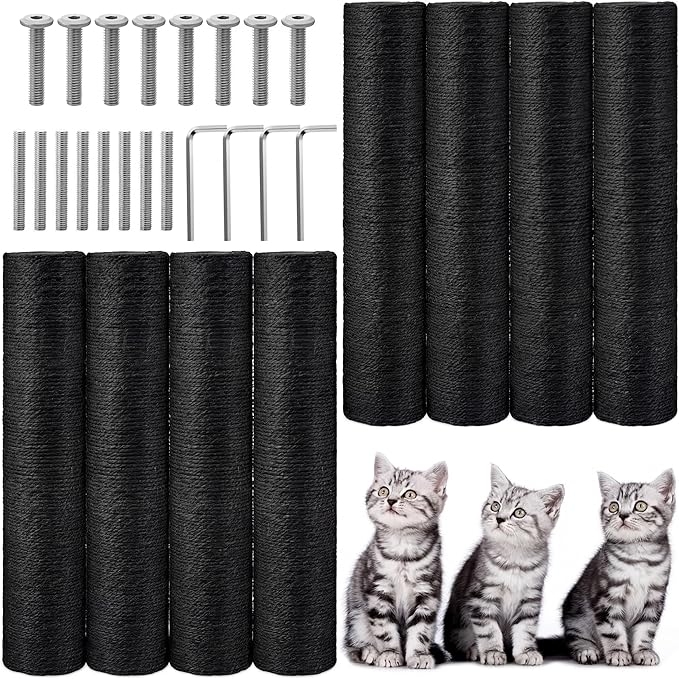 8 Pcs M8 Cat Scratching Post Replacement 15.7x3.1'' Sisal Pole Cat Tree Climbing Post Replacement with Screw Refill Scratcher Pole, Indoor Kitten Tree Tower Spare Furniture Protector (Black)